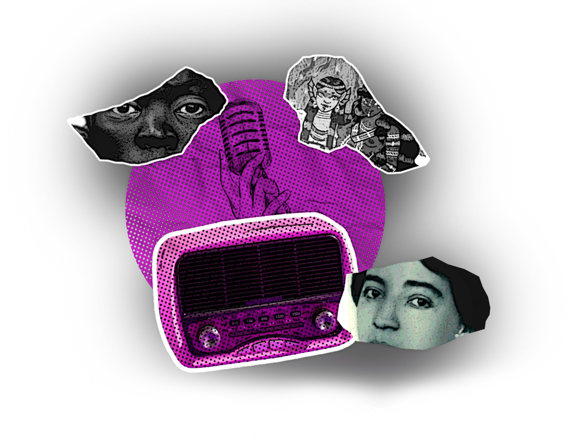 Uma mistura de colagens e recortes, mostrando os olhos de uma mulher negra, um radio antigo e os olhos de uma mulher parda